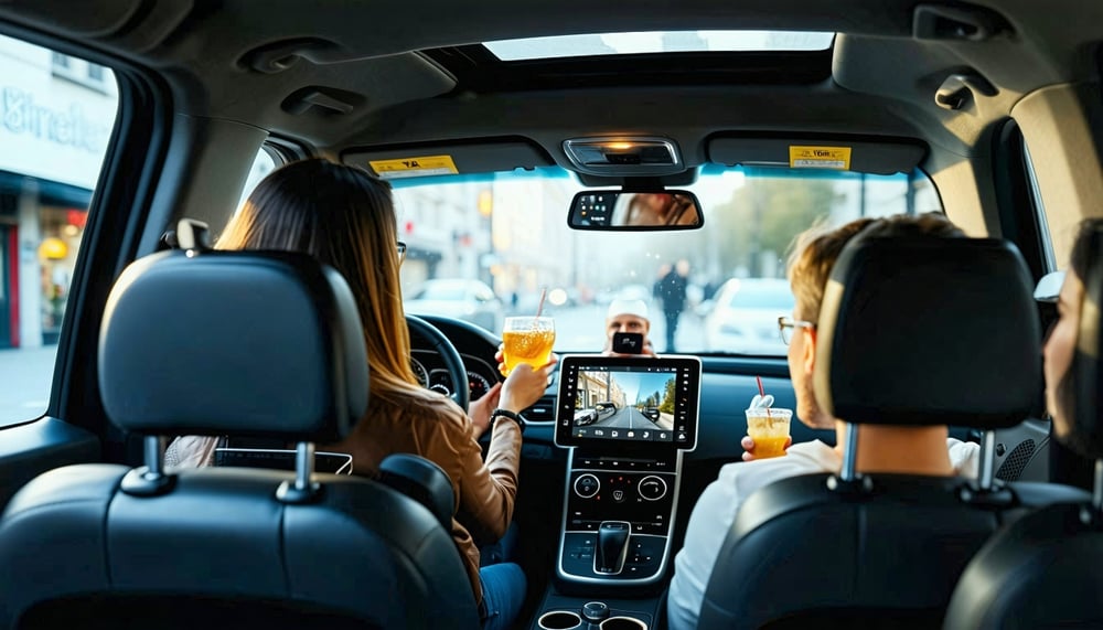 Comfortable taxi car with passengers enjoying WiFi and drinks